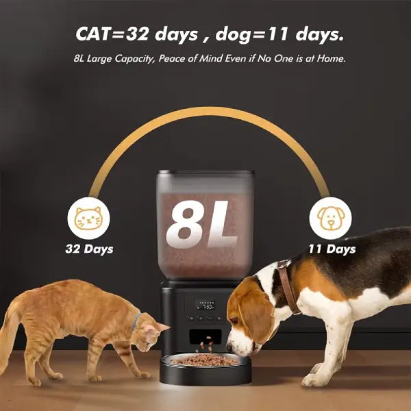 Large capacity automatic pet feeder 8L with cat and beagle showing autonomy duration