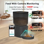 Pet camera feeder with 1080P HD night vision and mobile app showing food dispensing area for remote pet feeding routine management