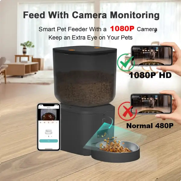 Pet camera feeder with 1080P HD night vision and mobile app showing food dispensing area for remote pet feeding routine management