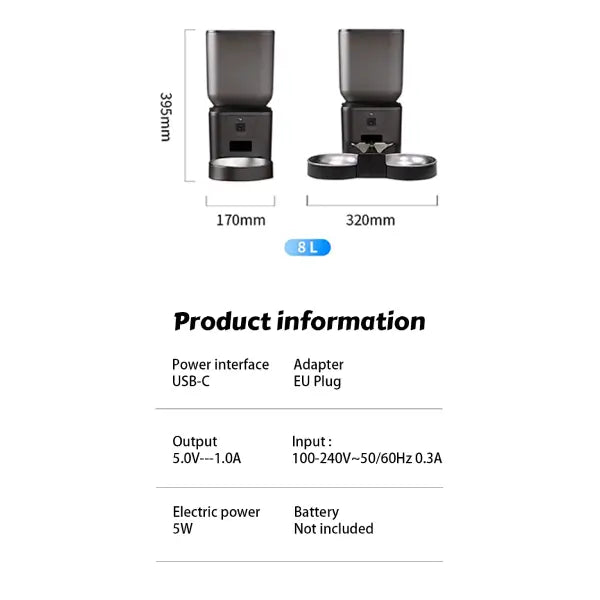 Dog food dispenser with camera dimensions guide showing 8L capacity dual and single bowl configurations with full electrical specifications