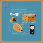Remote control cat toy mouse set with USB cable, packaging box, and product dimensions on blue background.