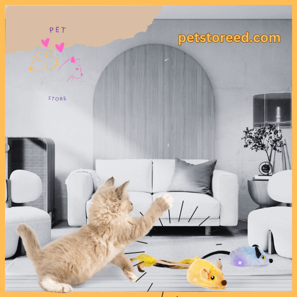 Playful cat batting at yellow toy mice on living room floor, pet accessories, petstoreed.com