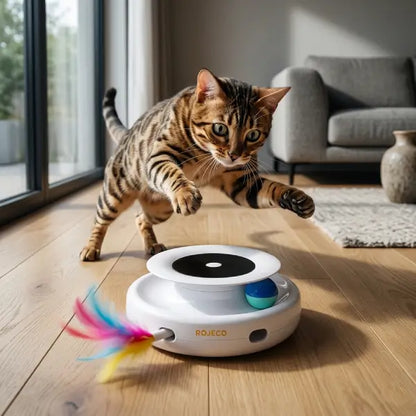 Indoor cat stimulated by interactive cat toy automatic feather movement