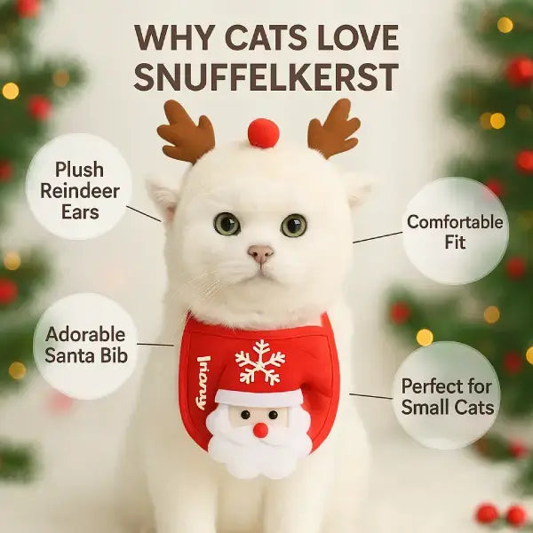 Festive cat costume infographic highlighting comfort and lightweight design.