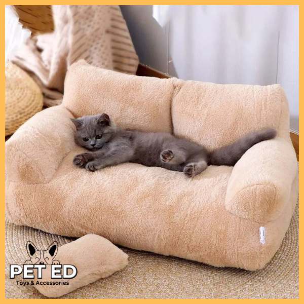 Gray cat relaxing on beige plush pet sofa bed in cozy indoor setting