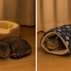 Before and after use of cat sleeping bag for nighttime warmth