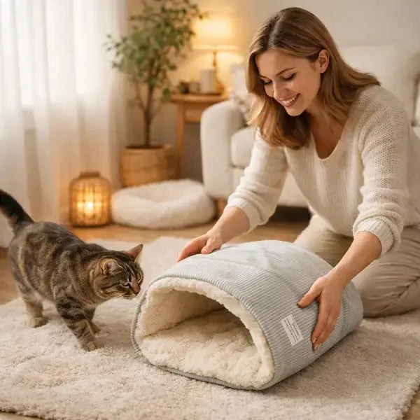 Cat interacting with soft grey sleeping bag presented by owner