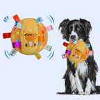 Dog with colorful plush anxiety relief sound ball dog toy featuring ribbons and cartoon dog.