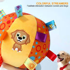 Colorful dog toy ball with streamers, cartoon puppy face, and happy dog in pet store setting.