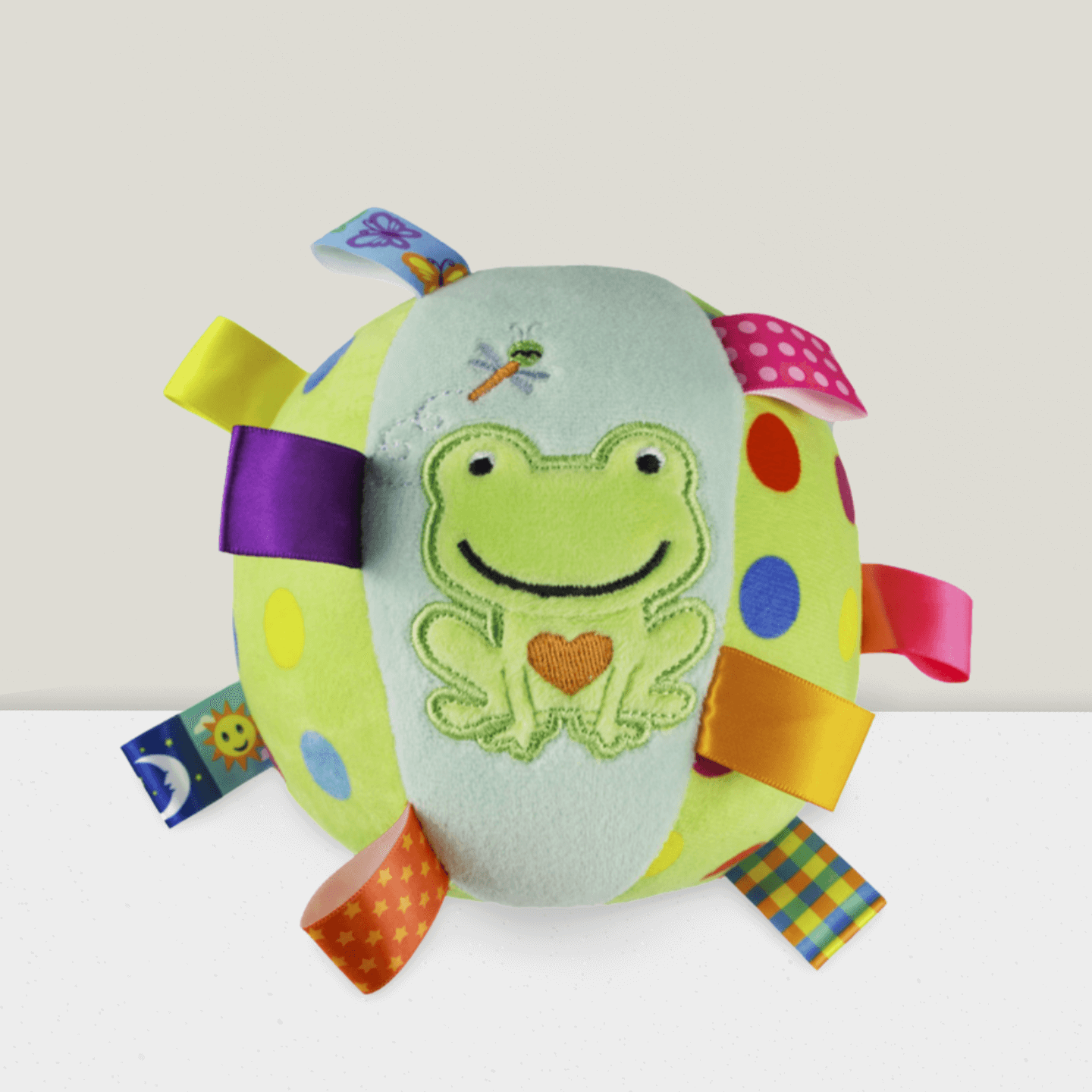 Chimechew frog interactive dog toy soft squeaky ball with colorful tags and polka dots
