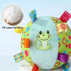 Colorful interactive plush dog toy ball with frog design, PP cotton filling, and ribbon tags