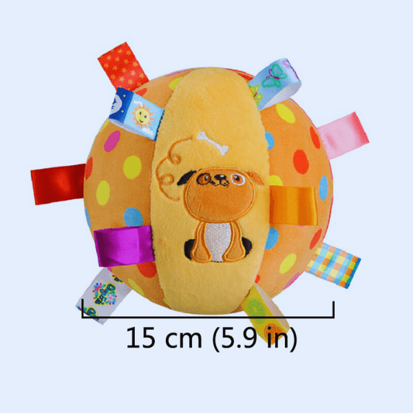 Interactive pet plush toy ball, 15cm, with colorful tags and embroidered dog design