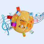 Colorful musical dog toy ball with ribbons, polka dots, and music notes background
