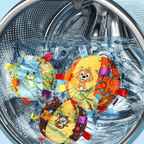 Colorful washable pet toy interactive sound balls with animal designs in a washing machine