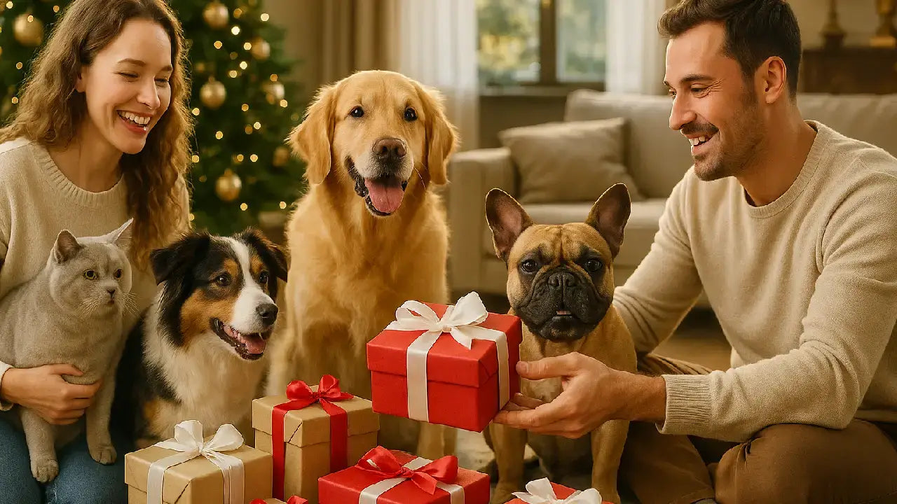 Happy couple celebrating Christmas with three dogs and a cat, surrounded by festive gift boxes in a cozy decorated living room.