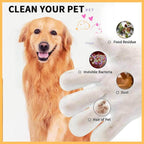 Golden retriever with pet wash glove highlighting food residue, bacteria, dust, pet hair removal.