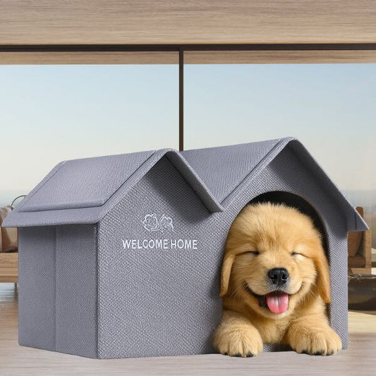 Golden Retriever puppy peacefully sleeping inside ClimaNest™ pet house.