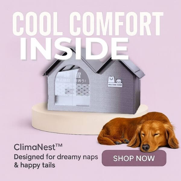 Fluffy dog sleeping peacefully beside ClimaNest cooling house.