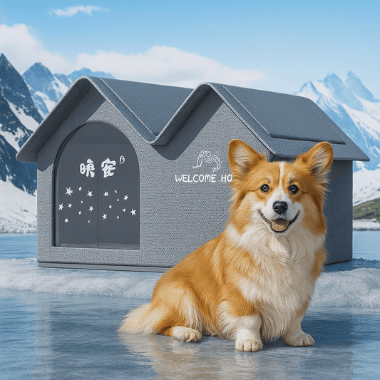 Corgi sitting happily beside ClimaNest™ cooling house on frozen lake.
