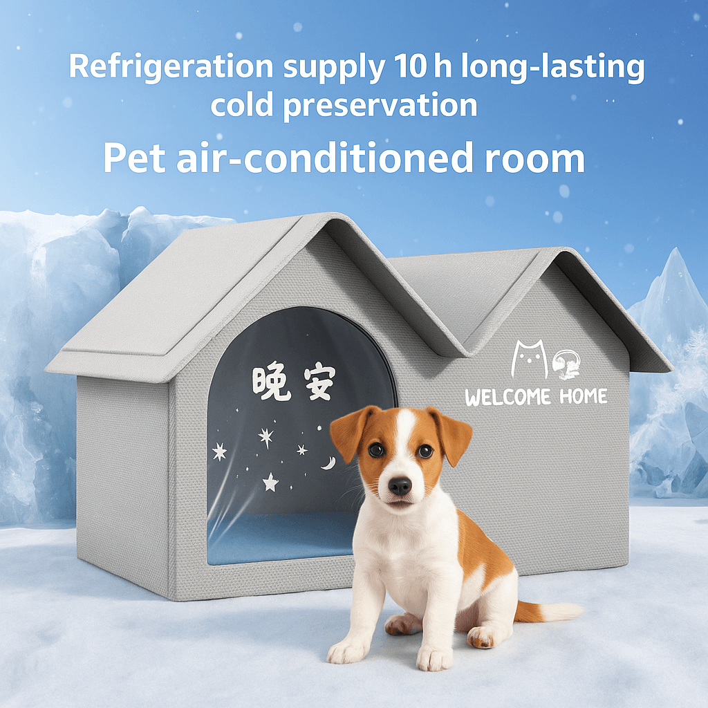 Small puppy sitting in front of ClimaNest™ cooling dog house with icy background.