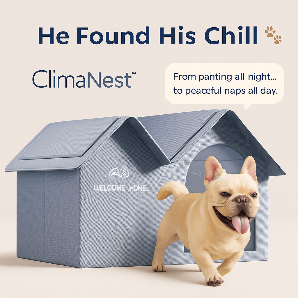 Smiling dog walking out of a cool, shaded pet shelter.