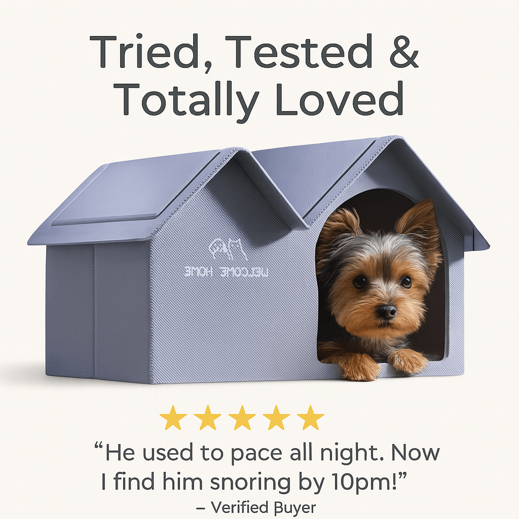 Yorkie relaxing inside ClimaNest™ with 5-star review and buyer quote.