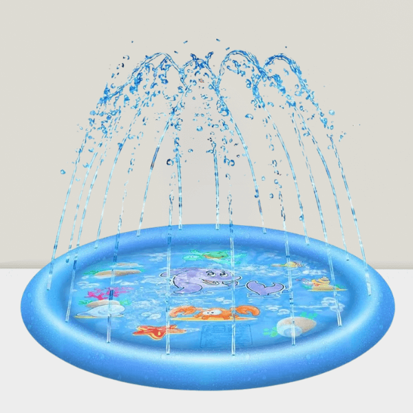 Blue splash pad with sea animal prints and water spraying.