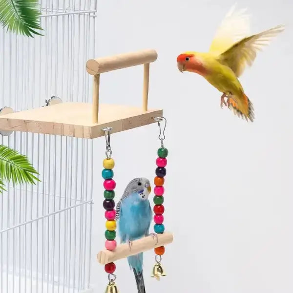 Birds playing on hanging toy with bells and beads