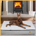 Doberman on cozy orthopedic dog bed in front of fireplace indoors