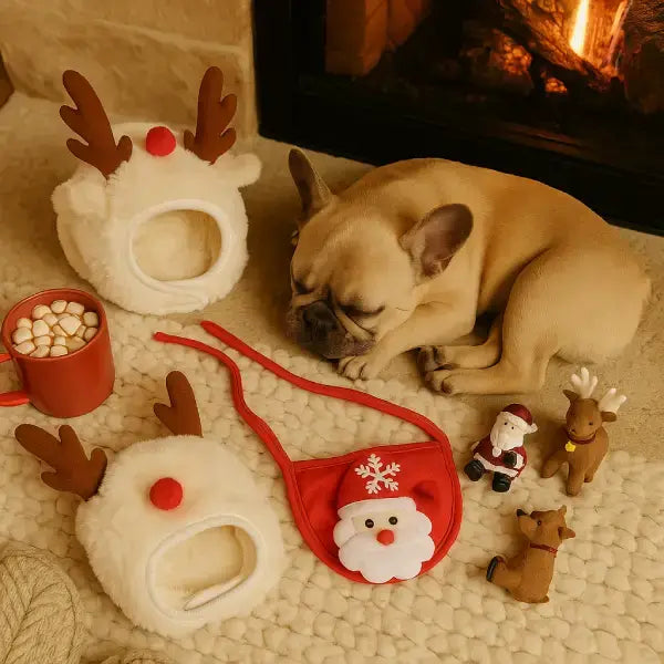 Peaceful dog near festive reindeer costume and Santa bib – Pet Store ED.