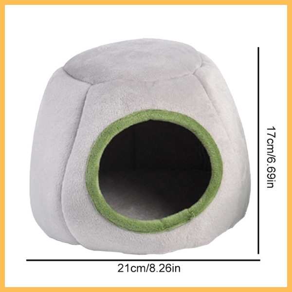 Gray cozy hamster bed with green entrance, shown with dimensions 21cm by 17cm.