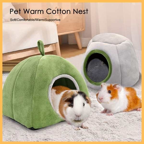 Two guinea pigs with cozy small pet beds, green and gray cotton nests on a soft rug indoors.