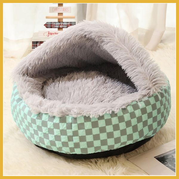 Plush checkered pet bed with soft gray lining on a fluffy rug