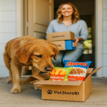 Pet Store ED delivery box with plush dog dental toys for happy pets