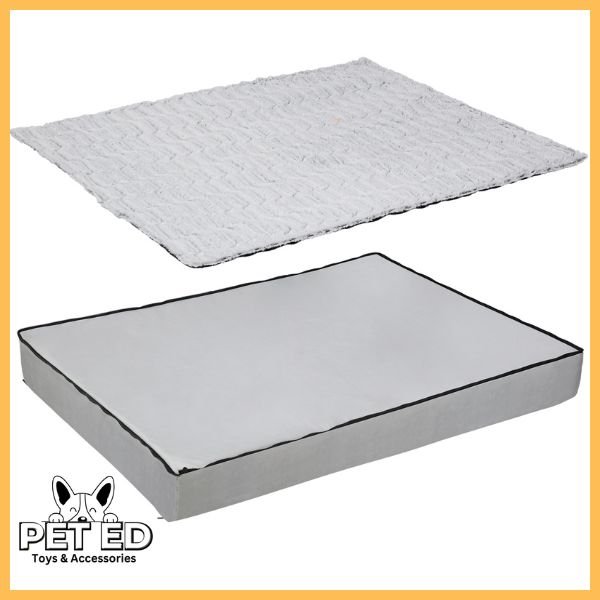 Detachable dog bed with two separate layers, soft white cover and rectangular base