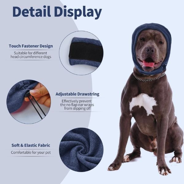Pitbull wearing blue dog ear cover with adjustable drawstring, touch fastener, and elastic fabric.