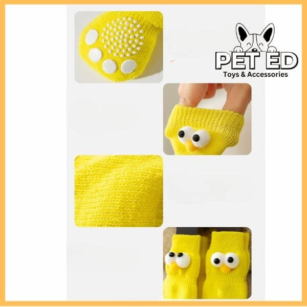 Yellow non-slip dog socks with cute eyes and white grip dots, pet accessories