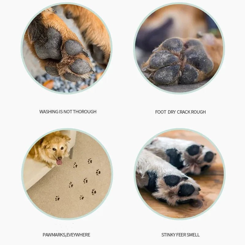 Dirty dog paws, cracked paw pads, paw prints on floor, and dog feet on wood surface