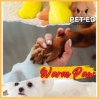 Dog paw in owner's hand, yellow dog socks, and small white dog with 'Warm Paw' text, PET ED brand