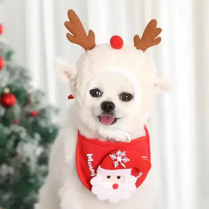 Adorable holiday dog costume with reindeer antlers and Christmas bib.