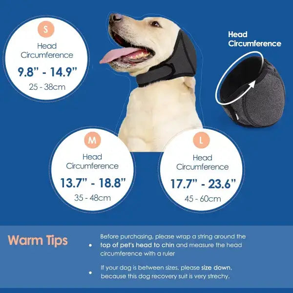 Measurement instructions and visual guide to choose correct calming hoodie size for dogs.