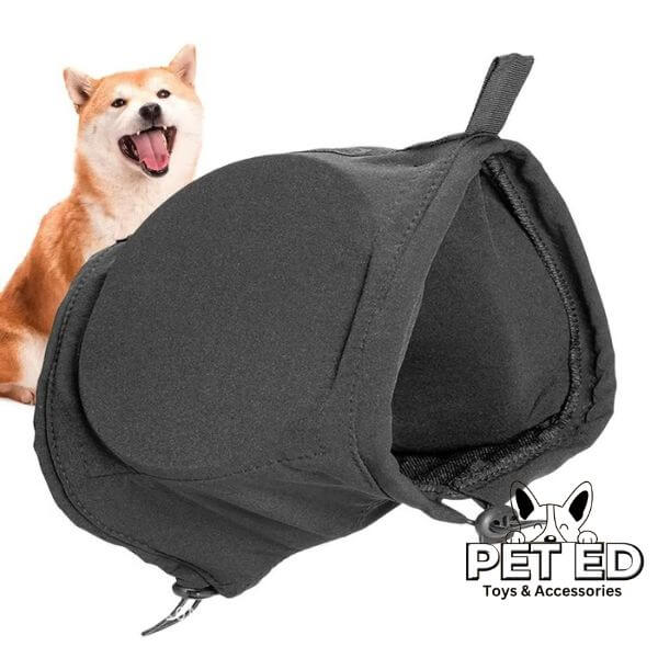 Happy Shiba Inu dog with black dog earplugs and PET ED logo, pet ear protection