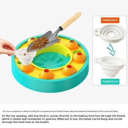 Using a funnel to pour kibble into dog puzzle feeder