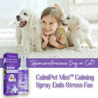 CalmiPet Mist™ displayed with happy children and puppies