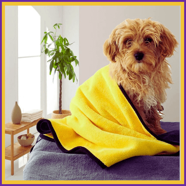 Small dog wrapped in a yellow towel relaxing on a table in a bright, modern room