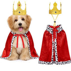 Dog king costume showing a small dog wearing the red cape and gold crown next to the set displayed on its own