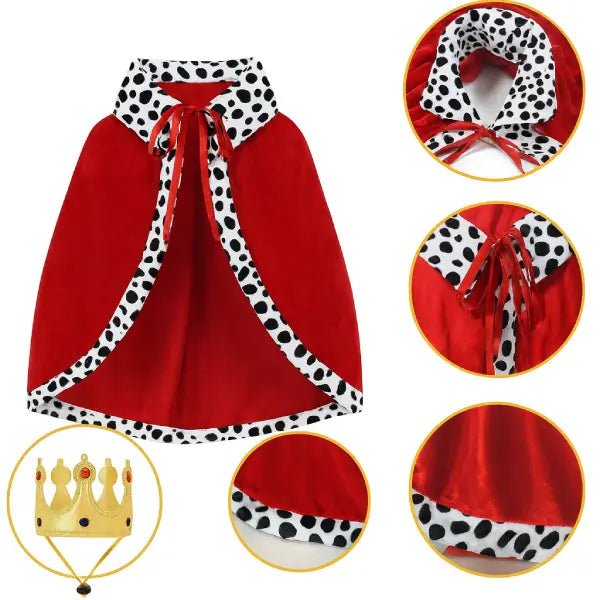 Detail collage of the dog king costume showing the cape, crown, ribbon tie and spotted trim close up