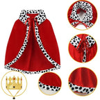 Detail collage of the dog king costume showing the cape, crown, ribbon tie and spotted trim close up