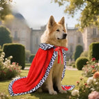 Dog wearing the dog king costume red cape with spotted trim in a formal garden setting