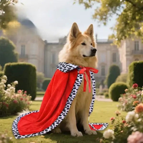 Dog wearing the dog king costume red cape with spotted trim in a formal garden setting